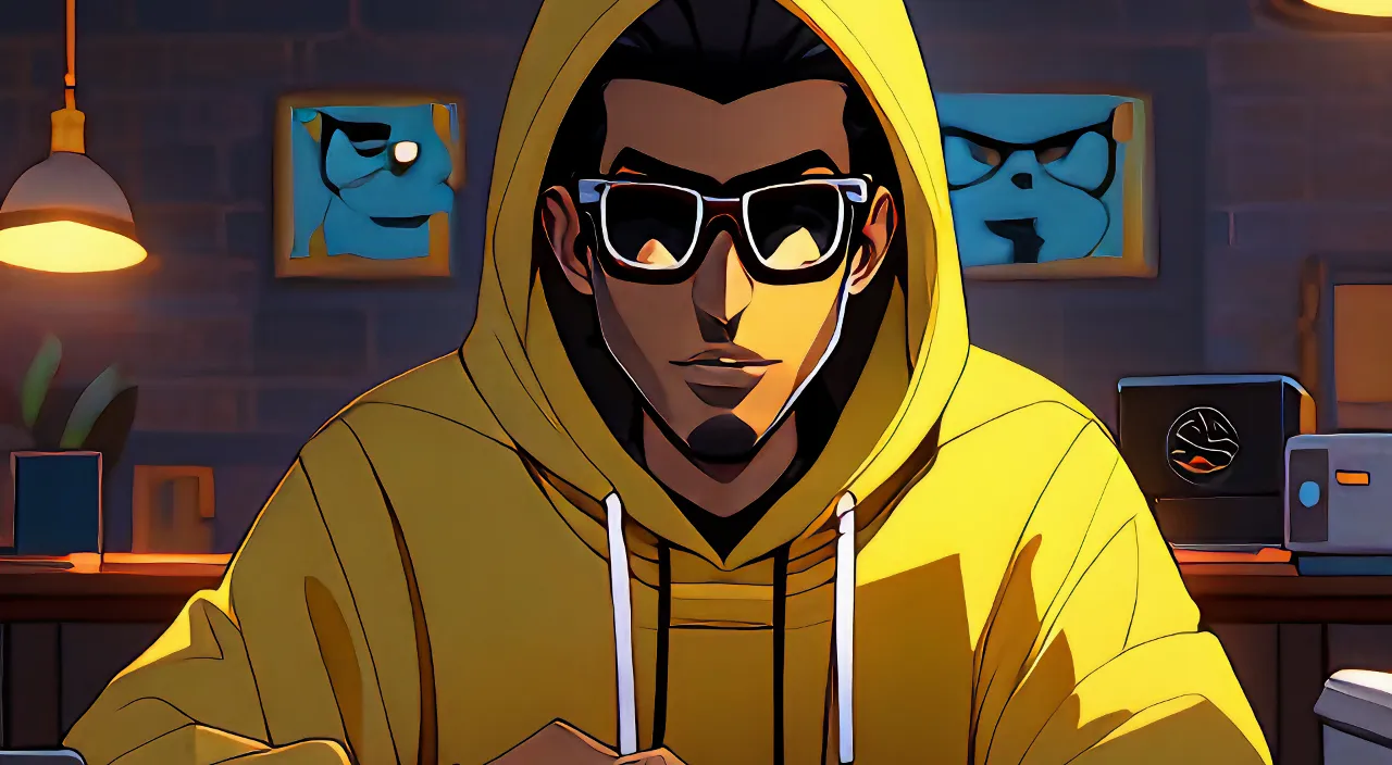 a man in a yellow hoodie and sunglasses