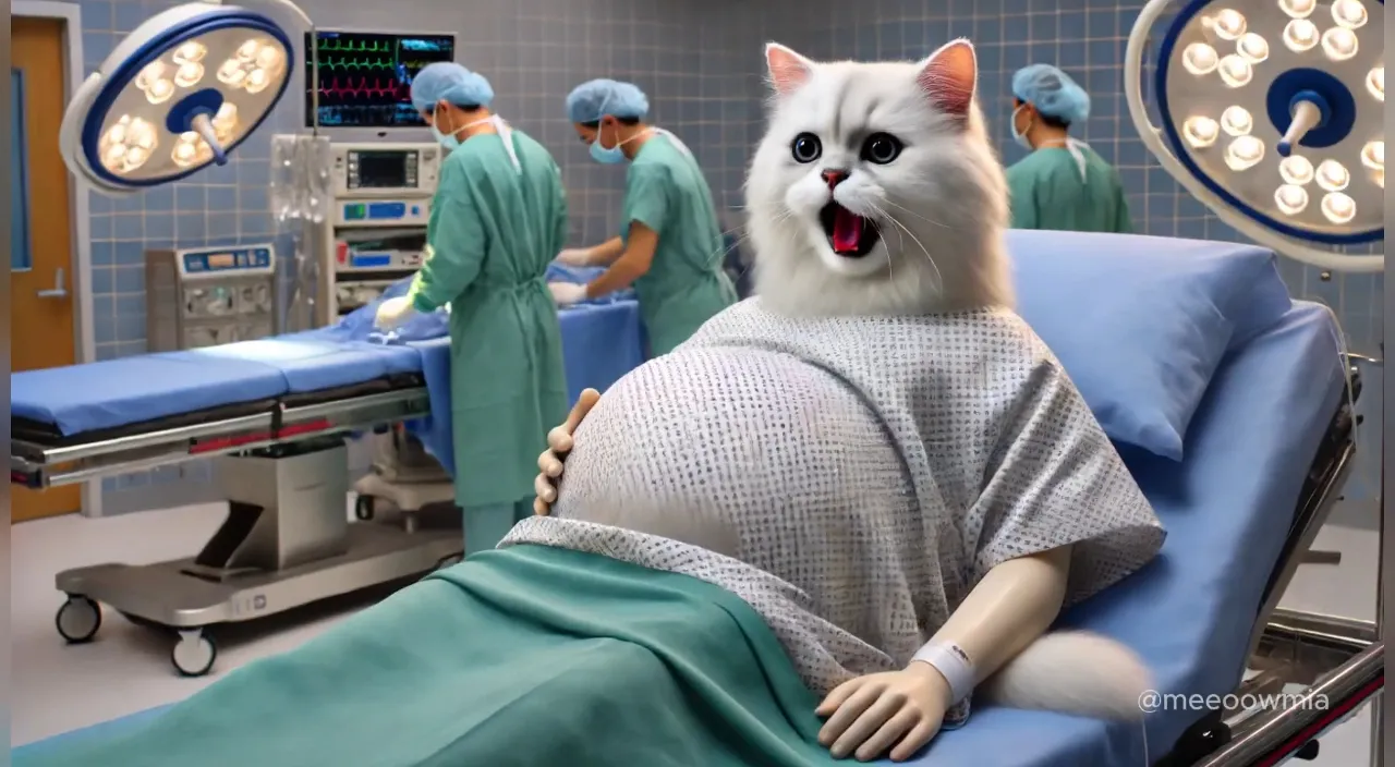 a white cat is in a hospital bed