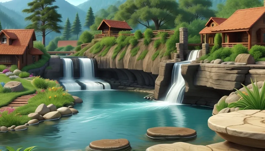 a painting of a waterfall and a house