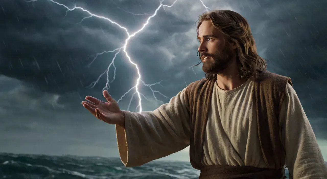 jesus standing in front of a storm with his hands out