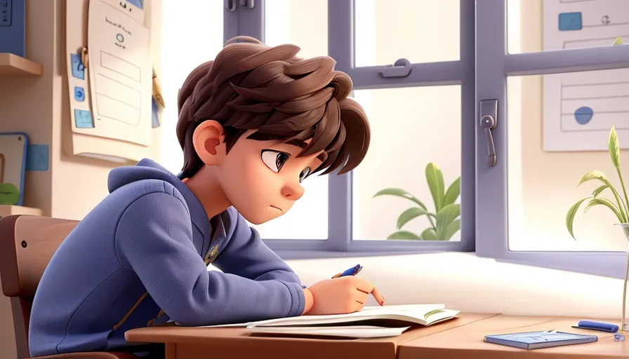 a young boy sitting at a desk writing on a piece of paper