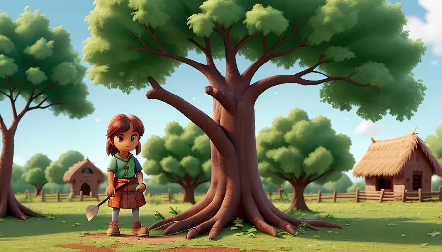 a young girl standing in front of a tree