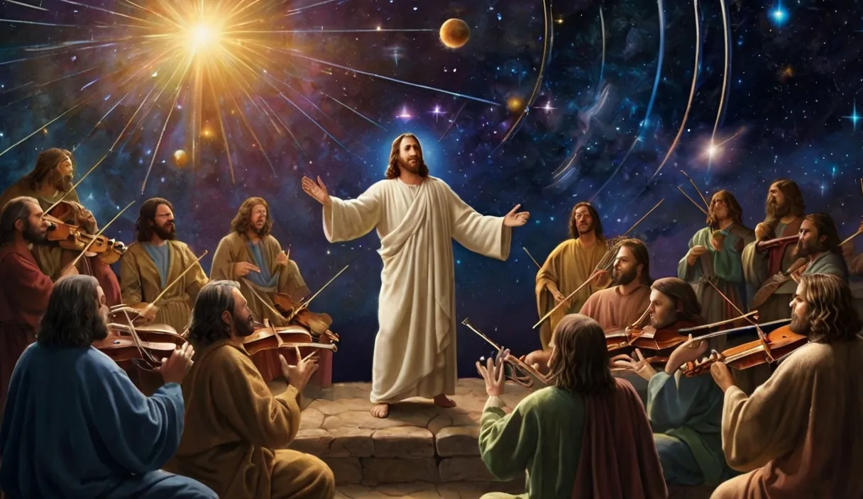 a painting of jesus in front of a group of people