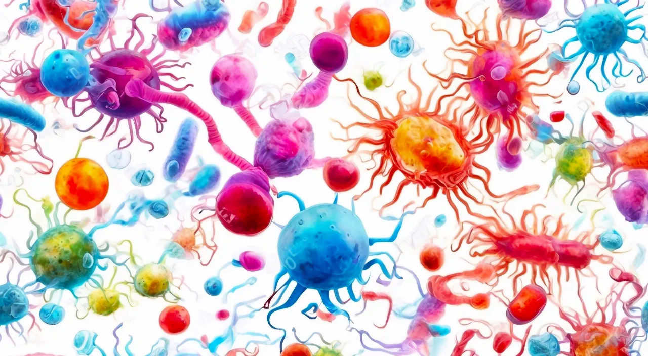 A group of colorful germs and bacteria. Floating in the water, Glowing light and movement mixed together