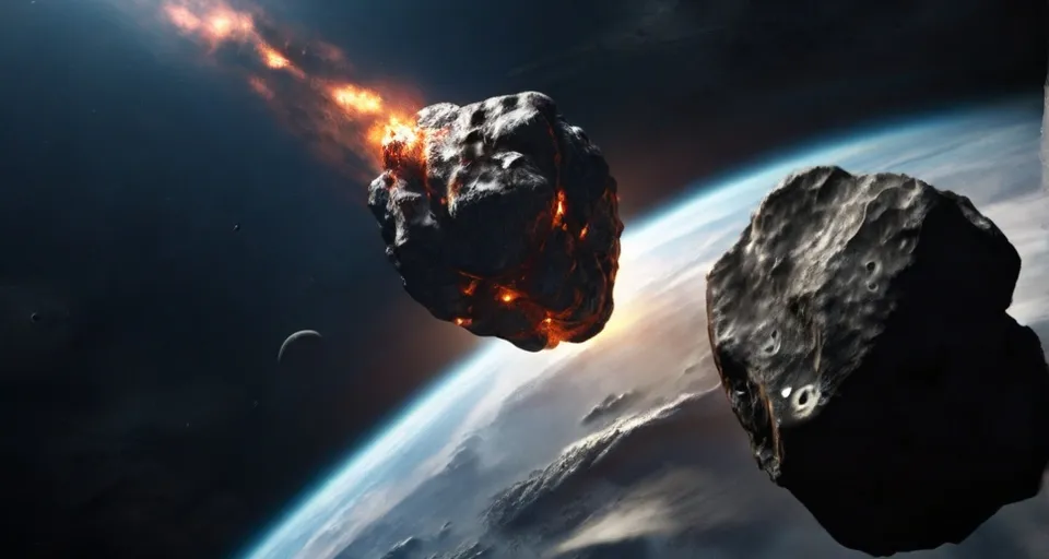 an artist's rendering of a collision between two rocks in space