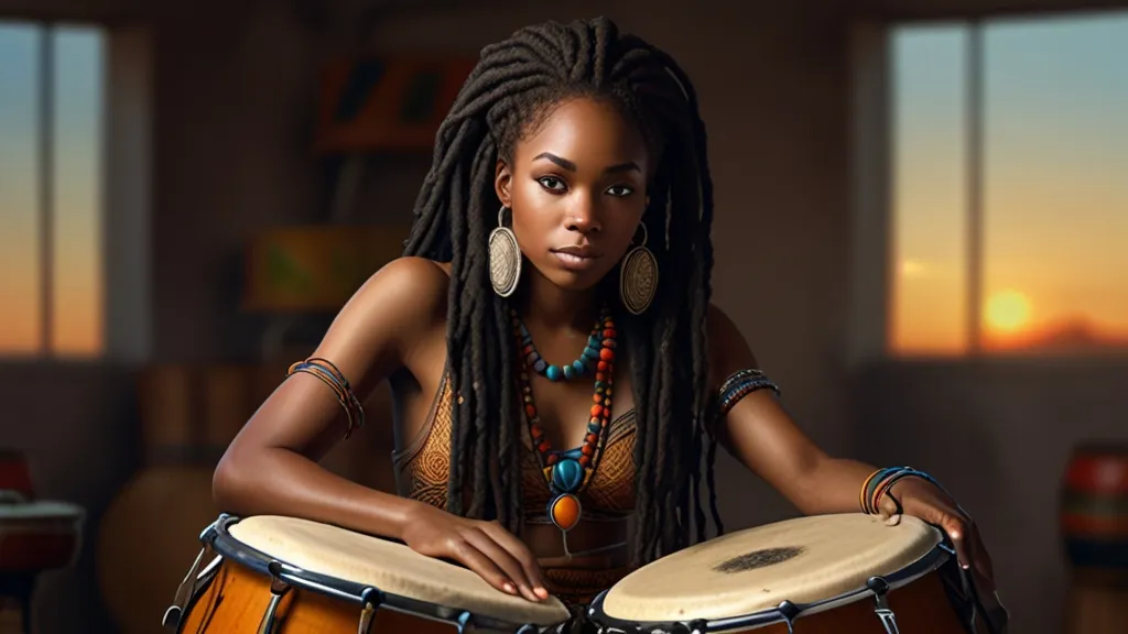 a painting of a woman with dreadlocks holding a drum