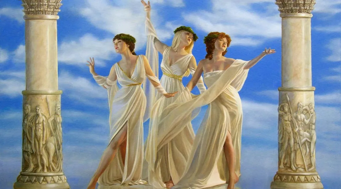 a painting of three women in white dresses