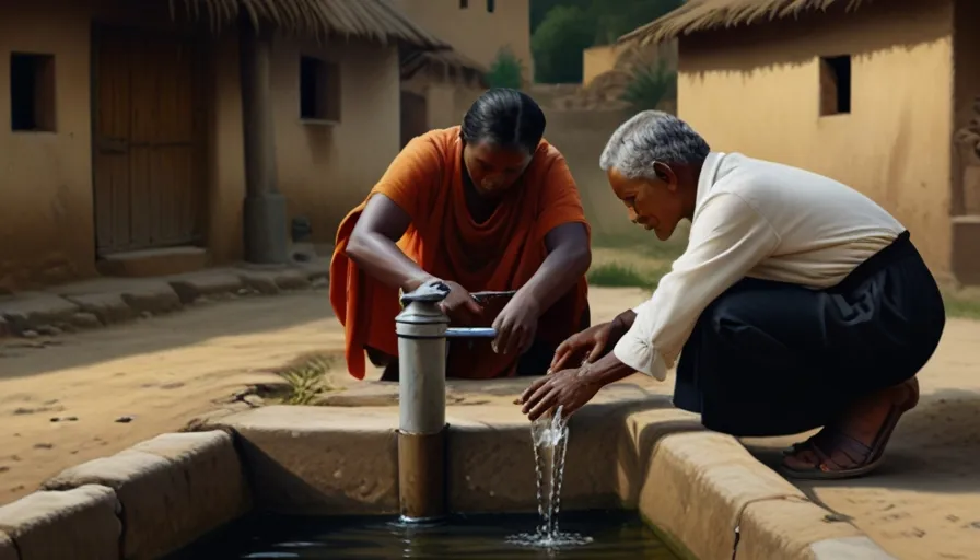 a man and a woman are filling water from a well