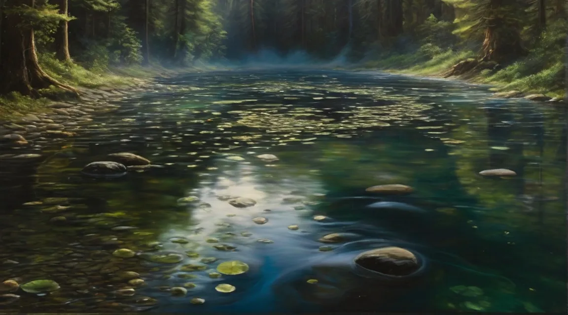 a painting of a river surrounded by trees