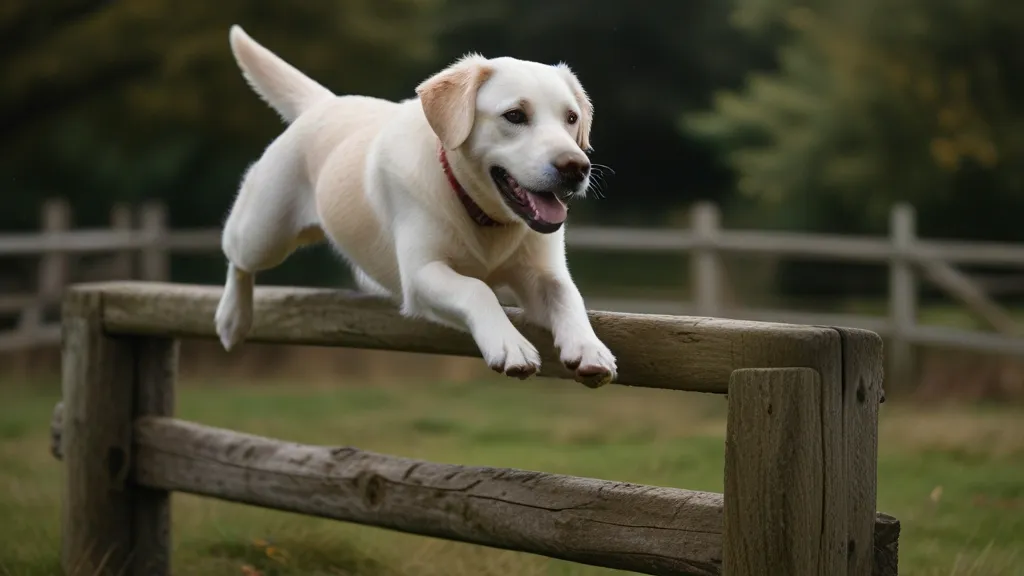 a white dog jumping over a wooden fence