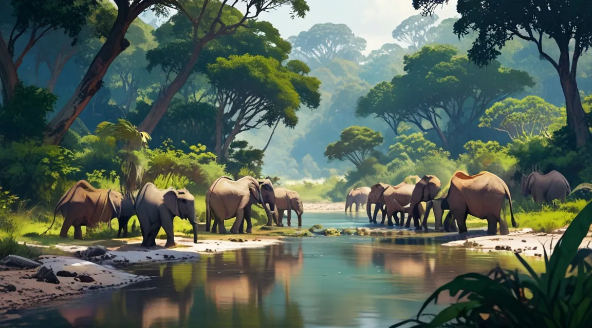 a herd of elephants standing next to a river