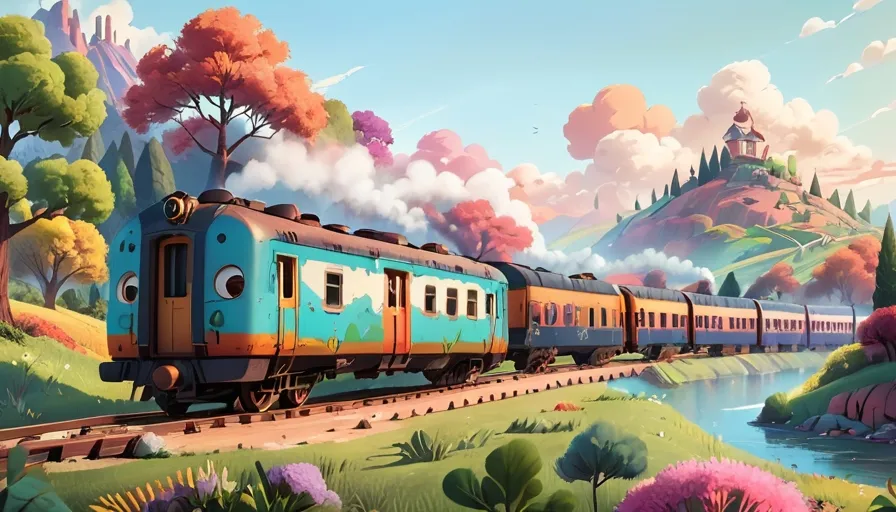 a painting of a train traveling through a lush green countryside