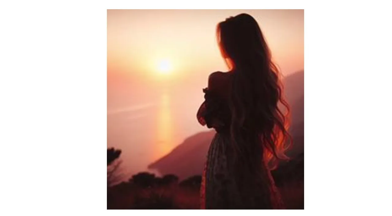 a woman standing in front of a sunset