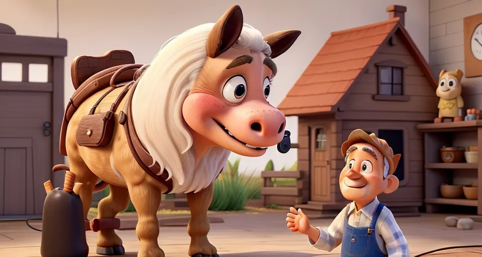 a cartoon horse with a man standing next to it