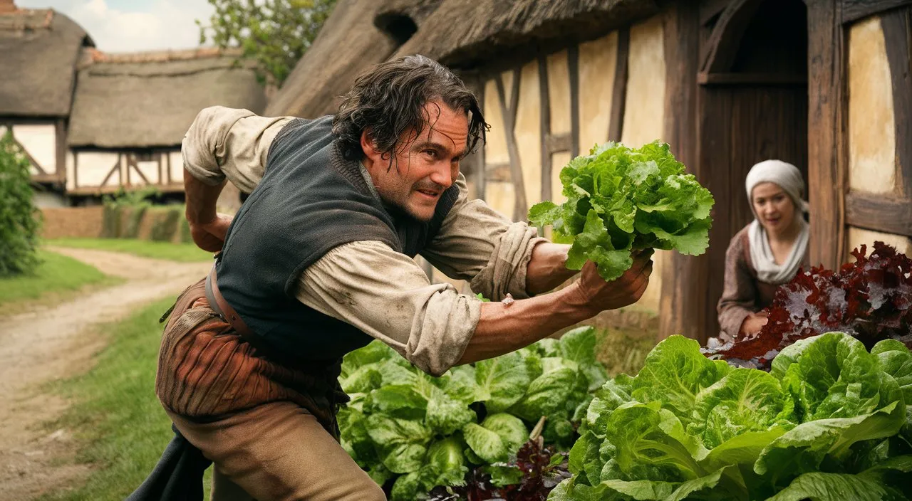 a man holding a bunch of lettuce next to a woman