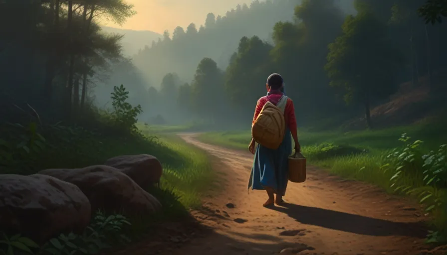 a painting of a woman walking down a dirt road