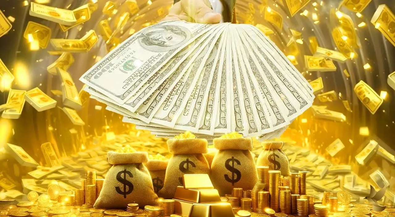 create a falling Money  with golden background, 8k , size of 1920x1080, colorful
