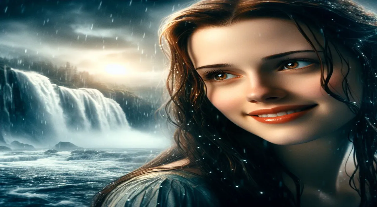 a painting of a woman with a waterfall in the background