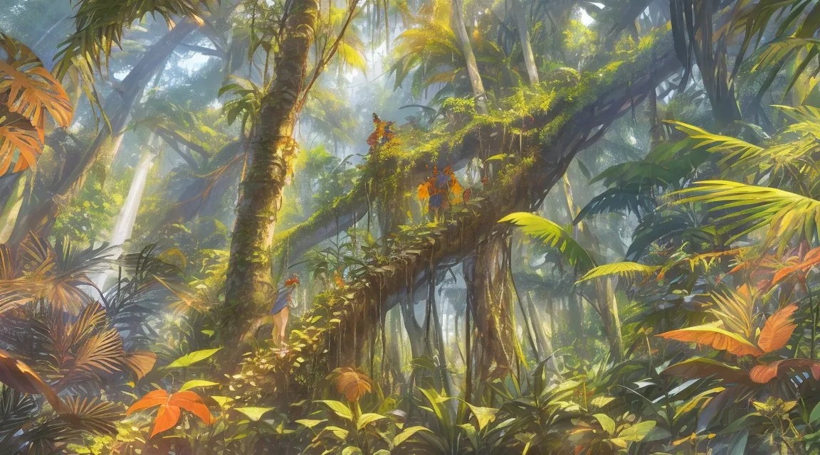 a painting of a jungle with lots of trees and plants