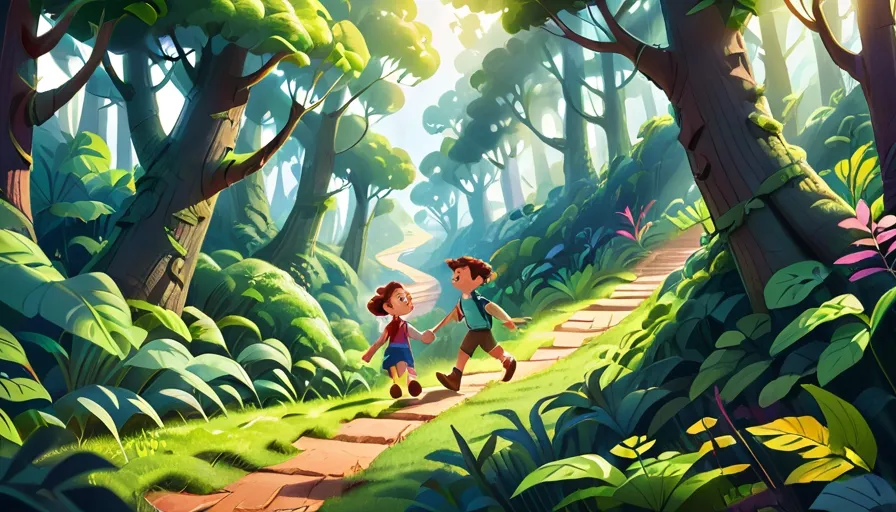 a boy and a girl walking through a forest