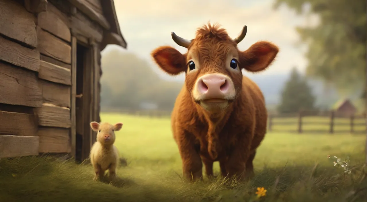 a brown cow standing next to a baby cow on a lush green field