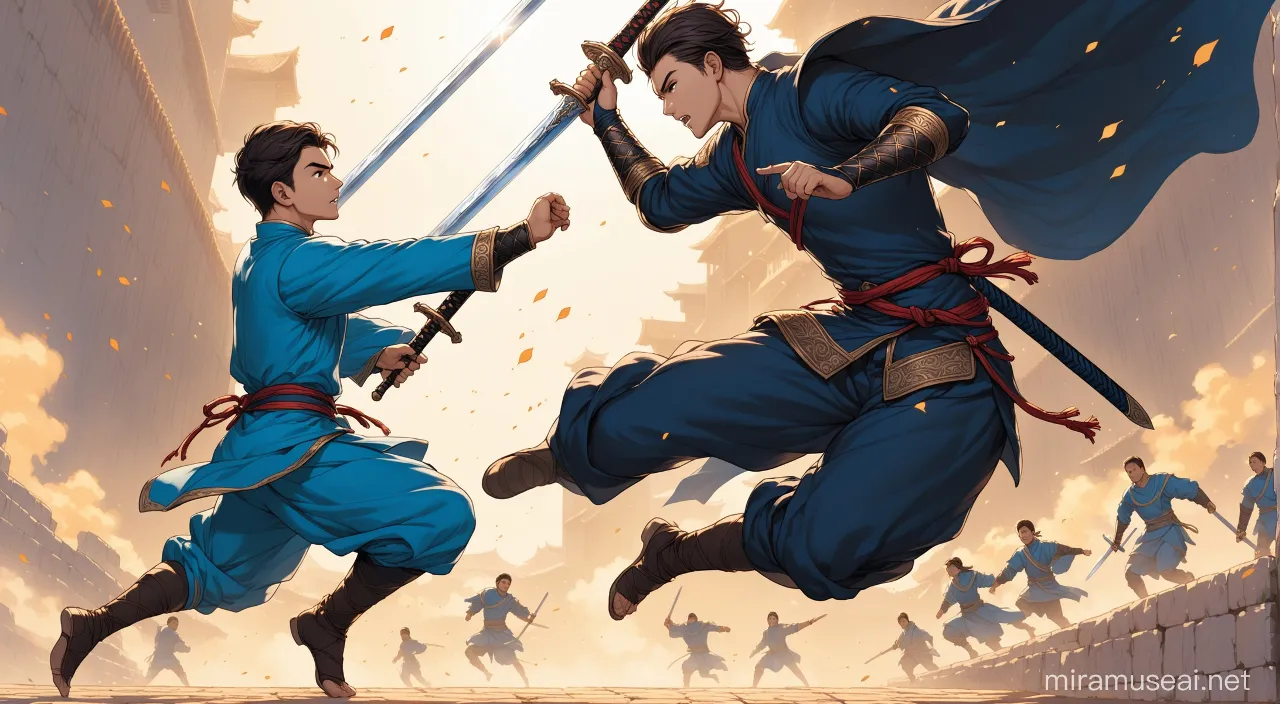 a couple of people that are inThe young warrior in blue clothes jumped with his sword towards the black clothed man the air