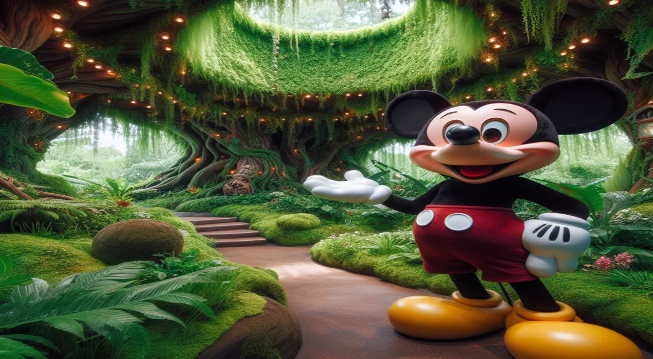 a mickey mouse is standing in a forest