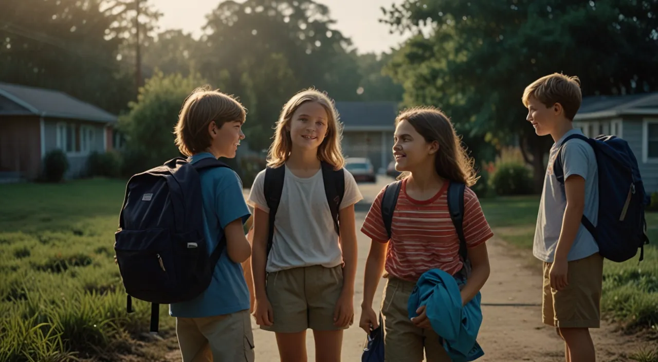 The four childhood friends, Jake, Maya, Emma, and Ben, wake up early, and excitement is evident on their faces. The camera shows them packing their backpacks with snacks, water bottles, and basic items, ready to embark on their journey.