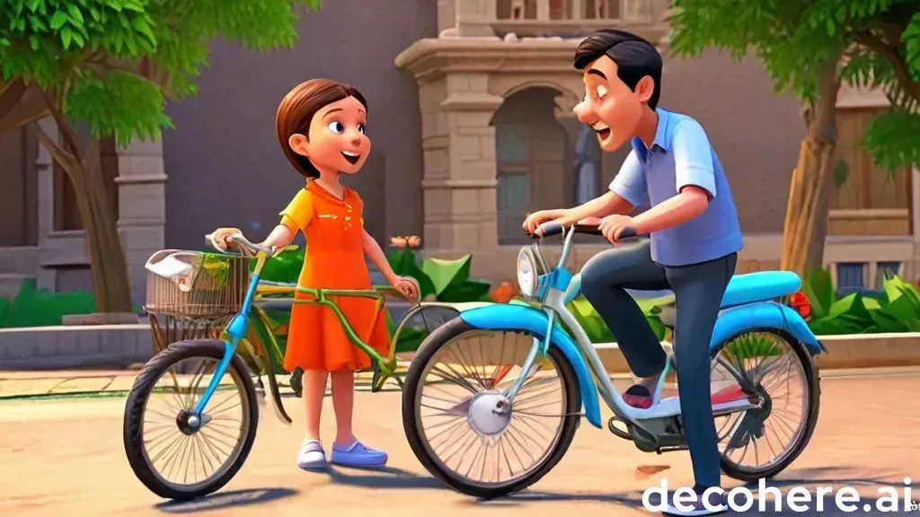 a man riding a bike next to a little girl