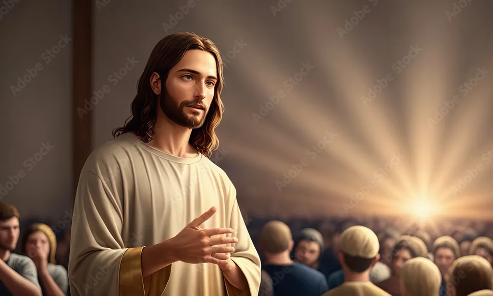 a painting of jesus standing in front of a group of people