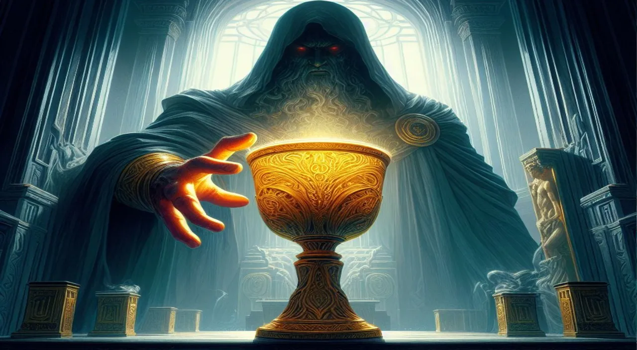 a painting of a person holding a golden cup