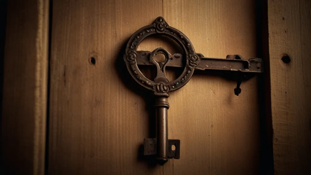 an old key is hanging on a wooden door