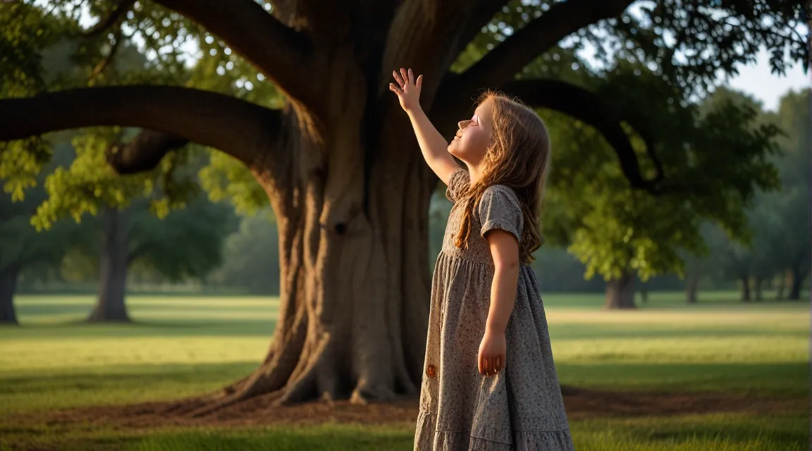 a little girl standing in front of a large tree