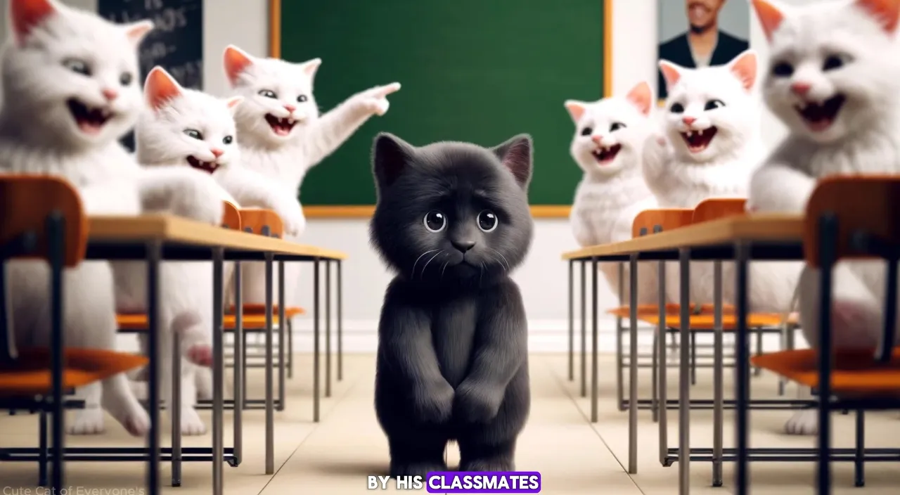 a black cat standing in front of a classroom full of white cats