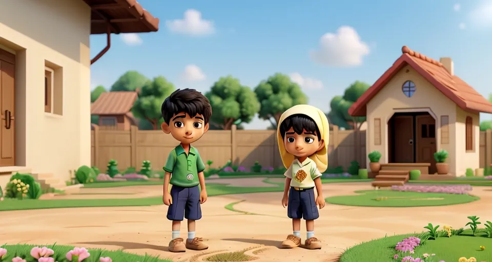 a boy and a girl standing in front of a house