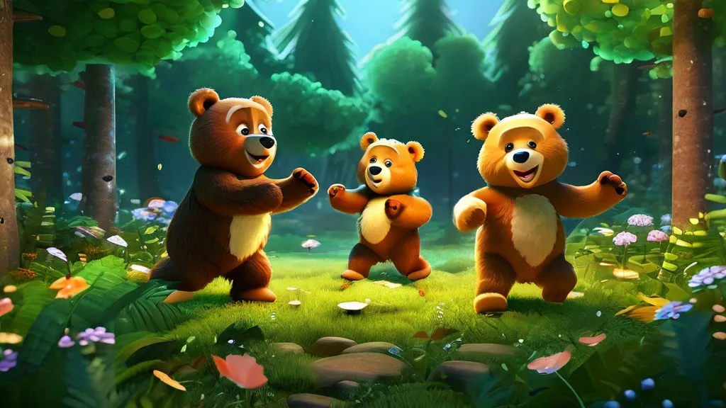 three brown bears dancing in the middle of a forest