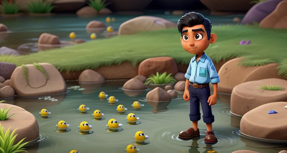 a cartoon boy standing in a pond of ducks moving his body, water waving, ducs moving slowly, attractive scene, beautiful nature.