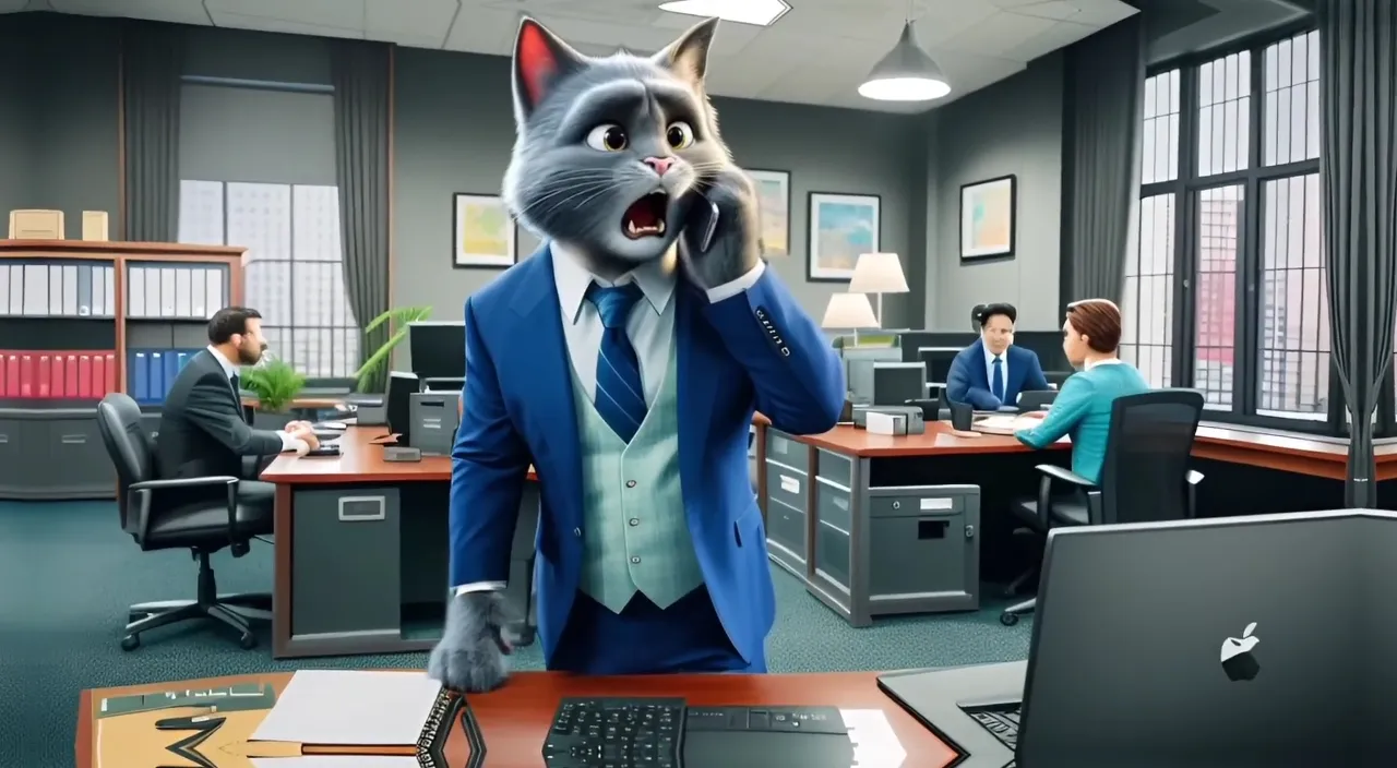 a cat in a suit talking on a cell phone