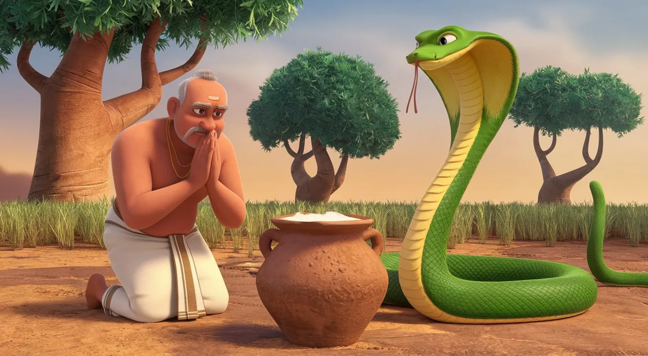 a man kneeling down next to a green snake