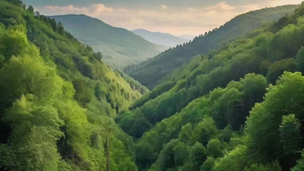 a scenic view of a green forest with mountains in the background