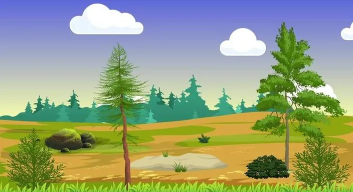 a cartoon scene of a forest with rocks and trees. Cloud and trees  moving because of air