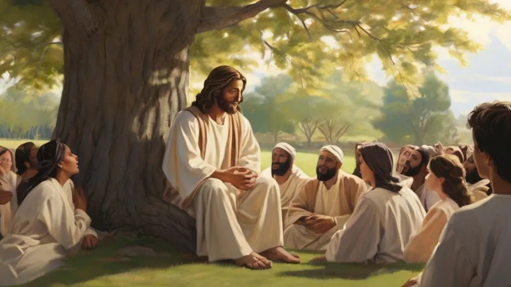 a painting of jesus sitting in front of a group of people