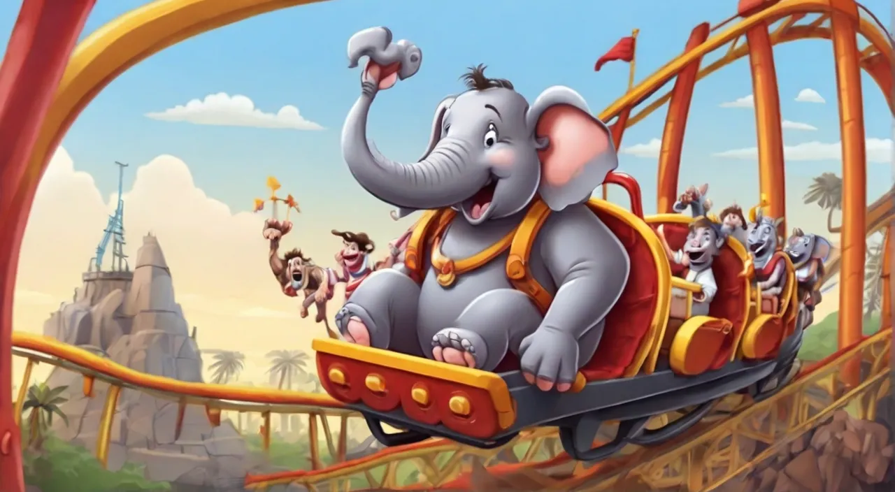 an elephant rides a roller coaster in a cartoon