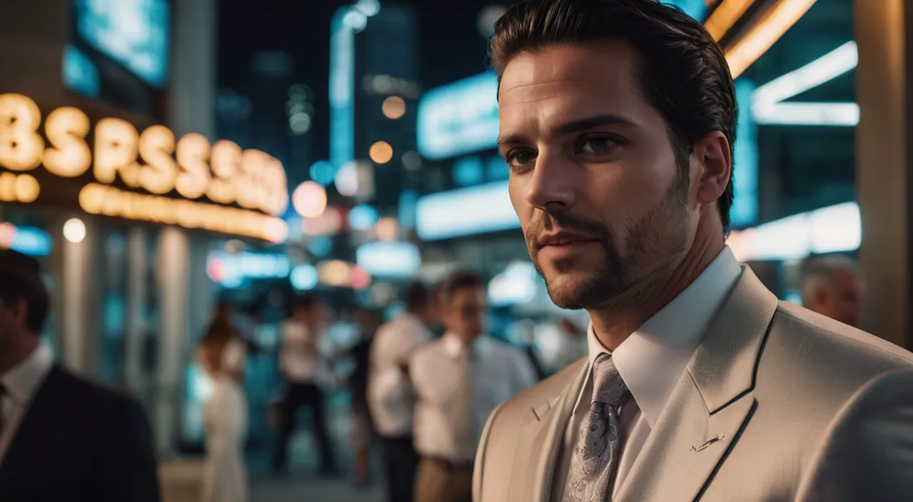 a man in a suit and tie standing in front of a building