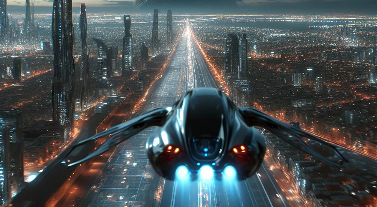 a futuristic city at night with a flying car