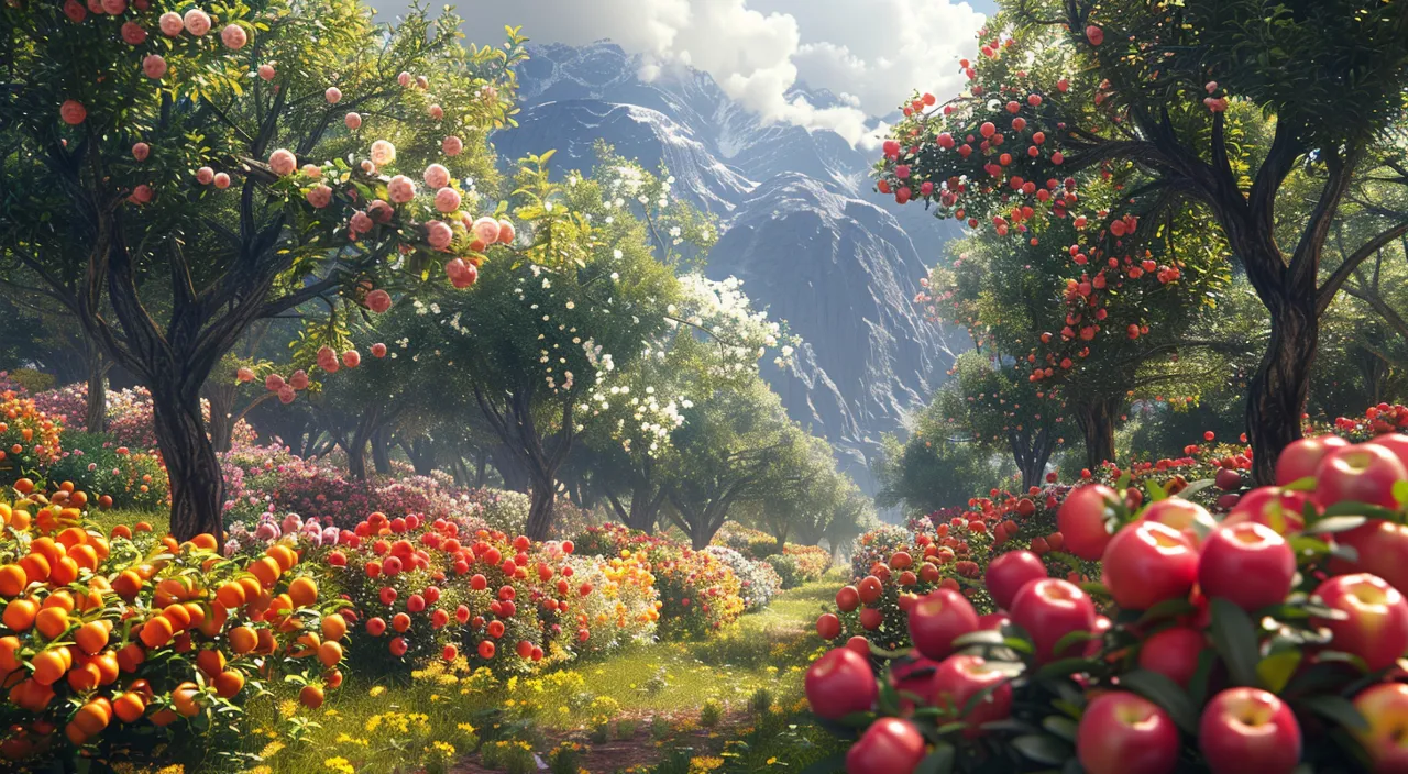 a painting of a garden with flowers and mountains in the background