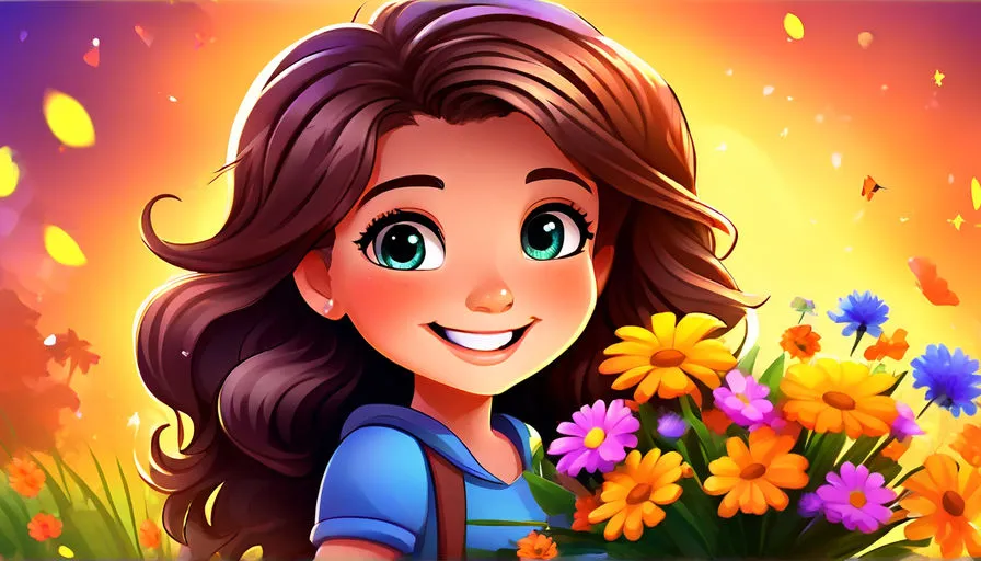 a cartoon girl holding a bouquet of flowers