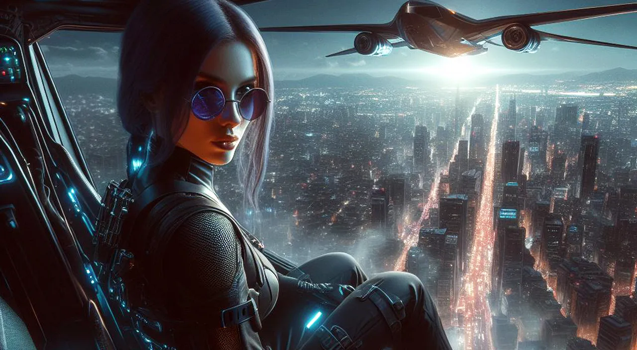 a woman in a futuristic city with a plane in the background