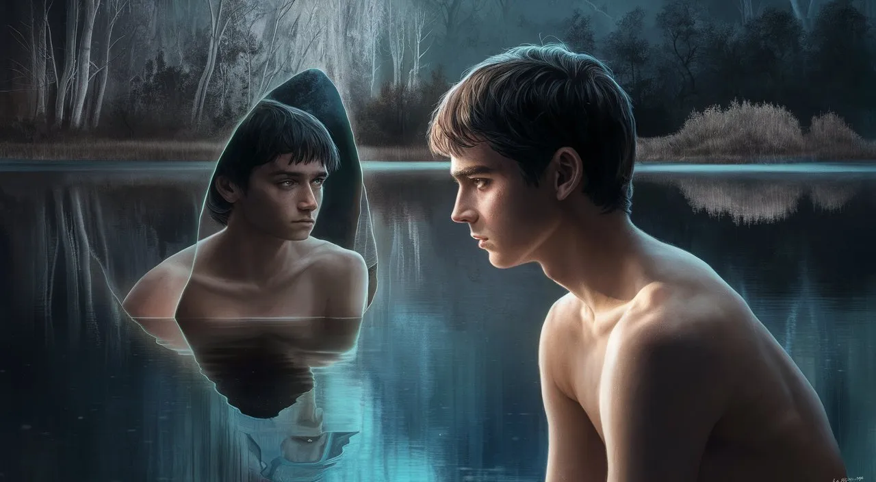 The protagonist reflects in the reflection of a tranquil lake, with a mirroring effect emphasizing the connection between his inner and outer worlds.