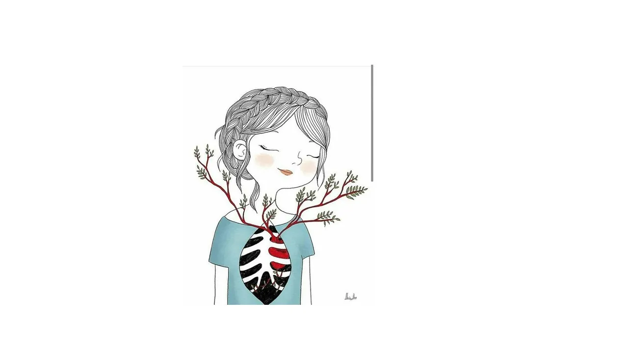 a drawing of a girl wearing a tie with branches on it